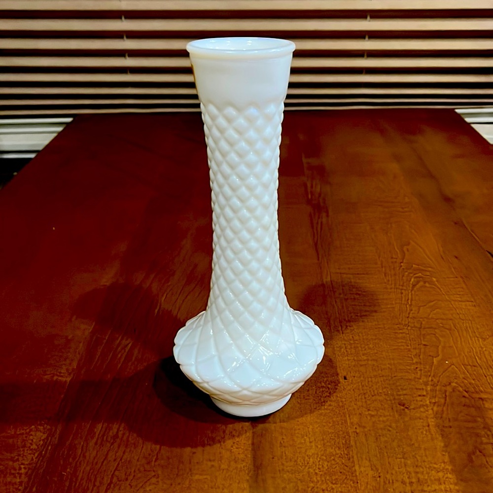 Vintage White Milk Glass Bud Vase Quilted Diamond Shape 9”